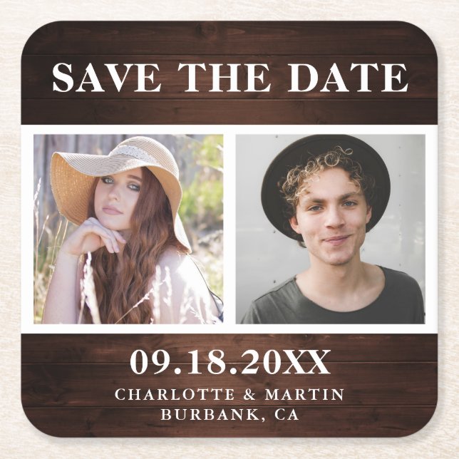Rustic Wood Wedding 2 Photo Save The Date Square Paper Coaster (Front)