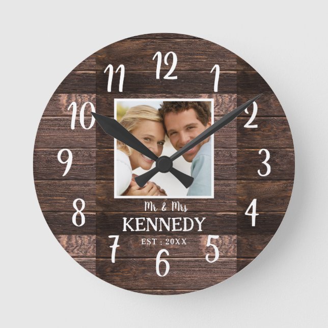 Rustic Wood Wedding Anniversary Couple Photo  Round Clock (Front)