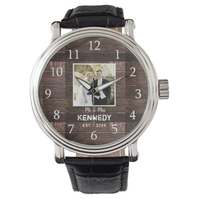 Rustic Wood Wedding Anniversary Photo Watch (Front)