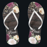 Rustic wood Wedding Bride Flip Flops<br><div class="desc">Rustic wood Wedding Bride design with lace details and string of lights. Beautiful floral details are in first plan and make these design elegant and chic. Design is easy to personalise, if you wish to change fonts please Click to customise further. This design is perfect for outdoor weddings and barn...</div>