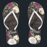 Rustic wood Wedding Bride Flip Flops<br><div class="desc">Rustic wood Wedding Bride design with lace details and string of lights. Beautiful floral details are in first plan and make these design elegant and chic. Design is easy to personalise, if you wish to change fonts please Click to customise further. This design is perfect for outdoor weddings and barn...</div>