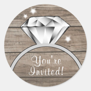 Rustic wood wedding Diamond Ring You're invited Classic Round Sticker