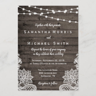 Rustic Wood Wedding Invitation with String Lights
