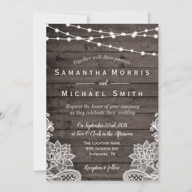 Rustic Wood Wedding Invitation with String Lights (Front)
