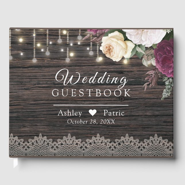 Rustic wood Wedding Lace Floral Guest Book (Front)