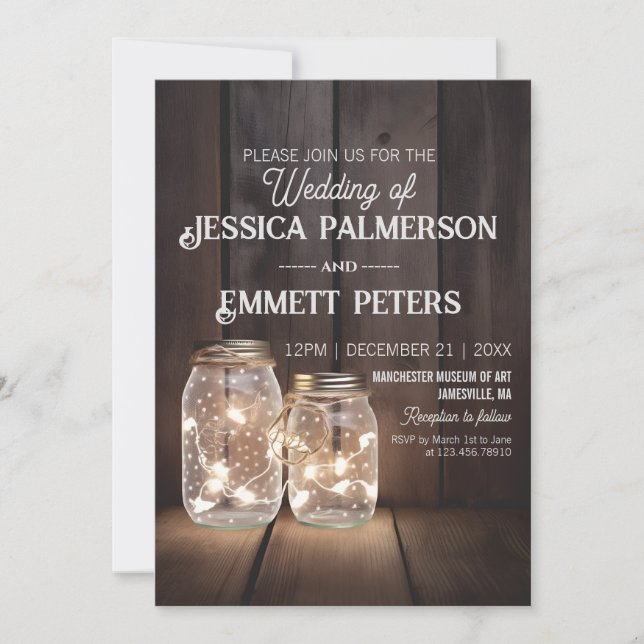 Rustic Wood Wedding Mason Jar Light Strings Custom Invitation (Front)