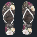 Rustic wood Wedding Mother of the Bride Flip Flops<br><div class="desc">Rustic wood Wedding Mother of the Bride design with lace details and string of lights. Beautiful floral details are in first plan and make these design elegant and chic. Design is easy to personalise, if you wish to change fonts please Click to customise further. This design is perfect for outdoor...</div>