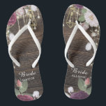 Rustic Wood Wedding Personalised Bride Flip Flops<br><div class="desc">Rustic Floral Wood String lights Wedding with lace details . Beautiful floral details are in first plan and make these design elegant and chic. Design is easy to personalise, if you wish to change fonts please Click to customise further. This design is perfect for outdoor weddings and barn theme weddings....</div>