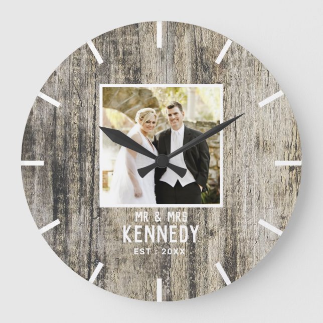Rustic Wood Wedding Photo Anniversary Personalised Large Clock (Front)