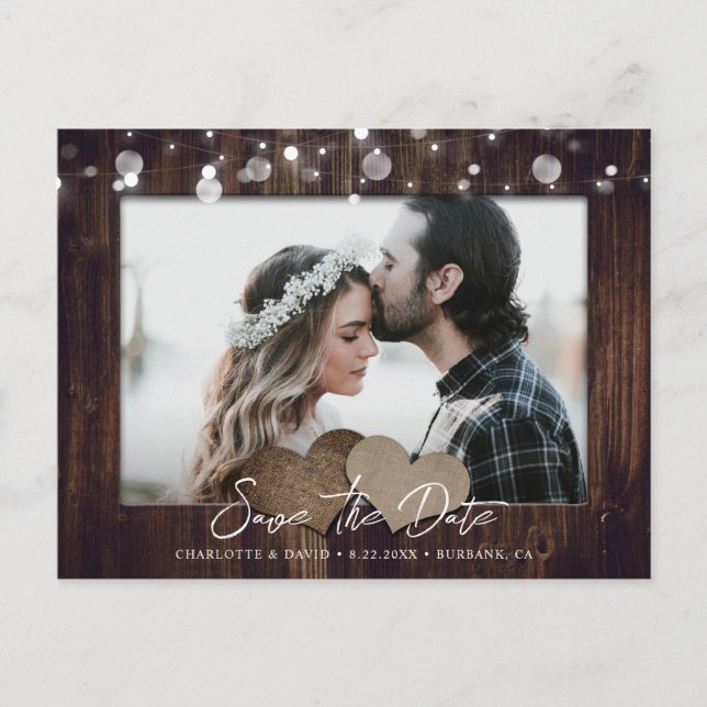 Rustic Wood Wedding Photo Save The Date Postcard (Front)