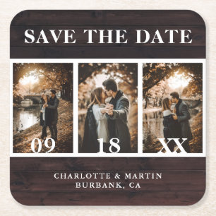 Rustic Wood Wedding Photo Save The Date Square Paper Coaster