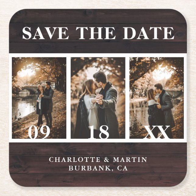 Rustic Wood Wedding Photo Save The Date Square Paper Coaster (Front)