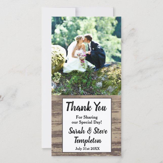 Rustic Wood Wedding Photo Thank You Card (Front)
