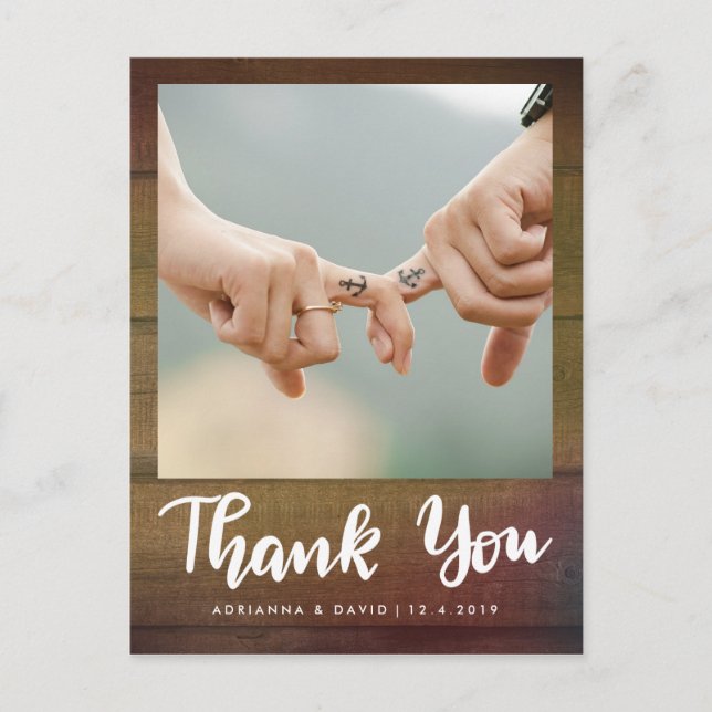 Rustic Wood | Wedding Photo Thank You Script Postcard (Front)