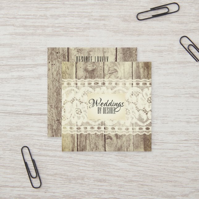 Rustic Wood Wedding Planner Vintage Floral Lace Square Business Card (Front/Back In Situ)