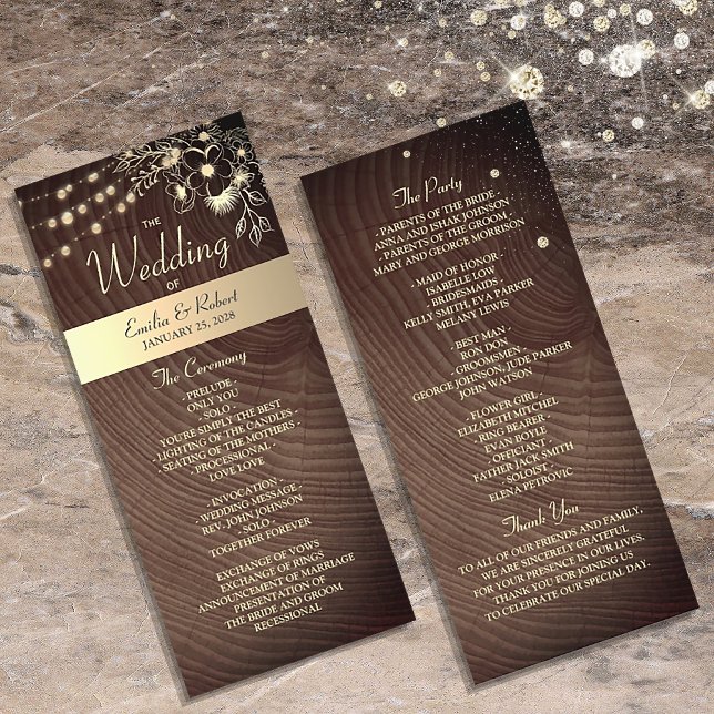 Rustic Wood Wedding Program with String Lights Programme (Creator Uploaded)