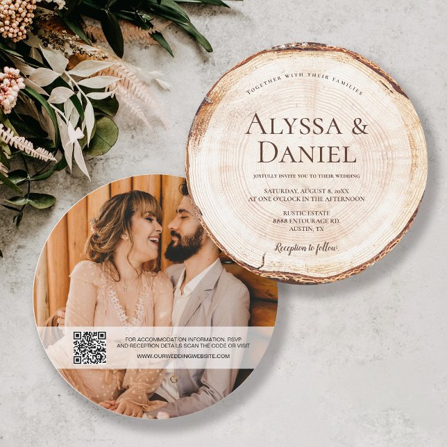  Rustic Wood Wedding QR code website Custom Photo Invitation (Custom rustic woodland wood cut slice photo and QR code website round wedding invitations.)