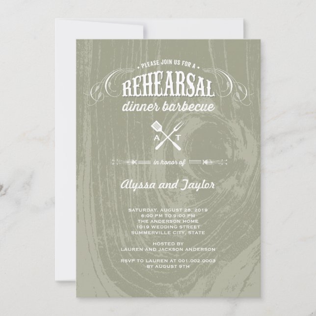 Rustic Wood Wedding Rehearsal Dinner BBQ Party Invitation (Front)