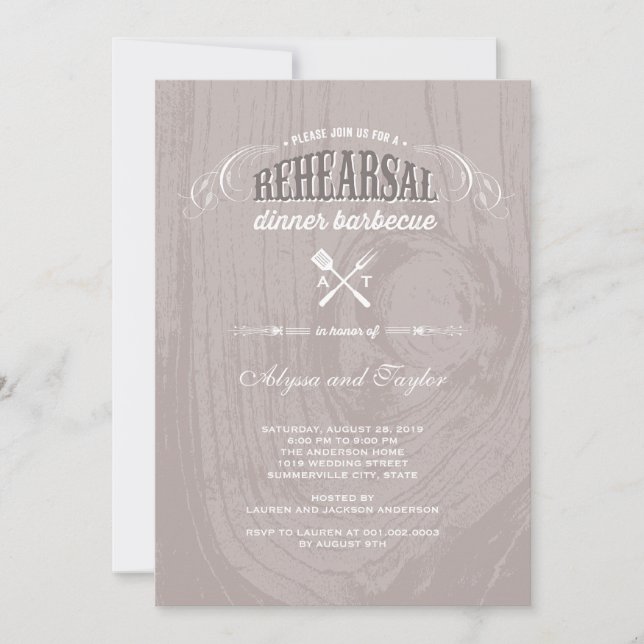 Rustic Wood Wedding Rehearsal Dinner BBQ Party Invitation (Front)