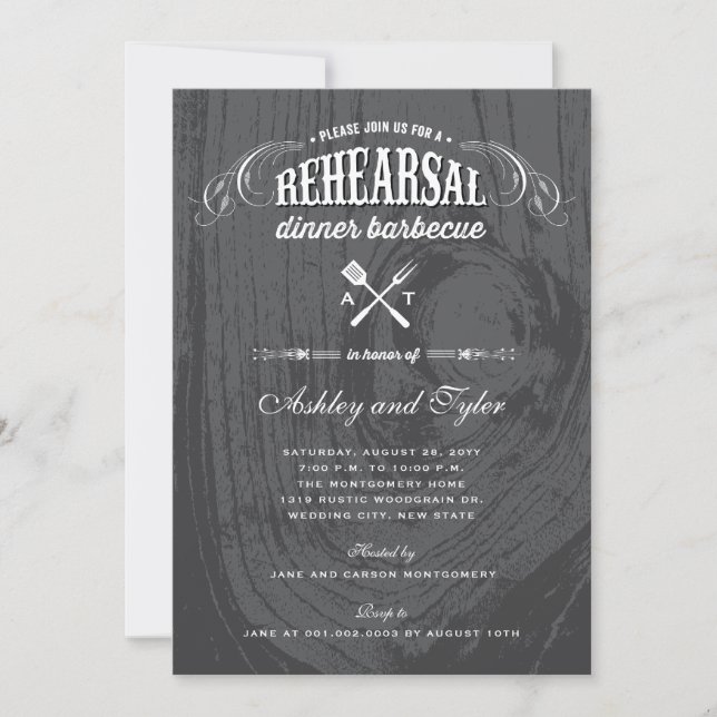 Rustic Wood Wedding Rehearsal Dinner BBQ Party Invitation (Front)