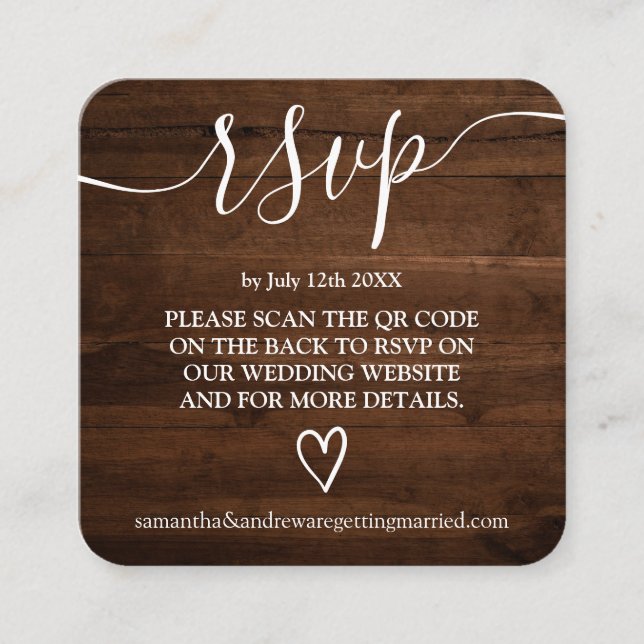 rustic wood wedding rsvp Qr code Enclosure Card (Front)