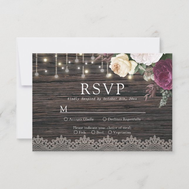 Rustic wood Wedding RSVP with meal choice (Front)