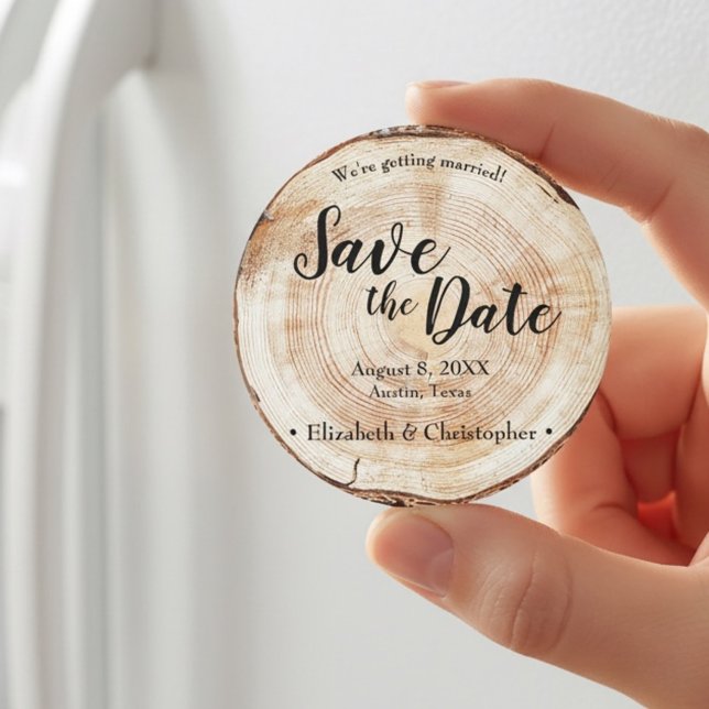 Rustic wood Wedding Save the date Personalised Magnet (Save the date rustic wedding wood cut slice print 3 inches in size template.)