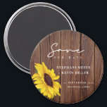 Rustic Wood Wedding Sunflower Save The Date Magnet<br><div class="desc">Simple and elegantly rustic are the words I would use to describe this Save The Date magnet... featuring a single sunflower, over a rustic wood design, surrounded by elegant script calligraphy. This unique boho chic design is a fun way to announce your engagement and sets the stage for a day...</div>