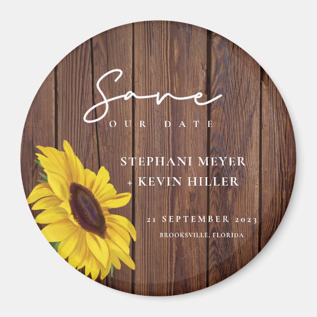 Rustic Wood Wedding Sunflower Save The Date Magnet (Front)