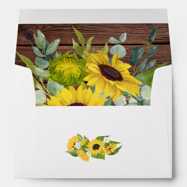 Rustic Wood Wedding Sunflowers & Eucalyptus Envelope (Back (Bottom))