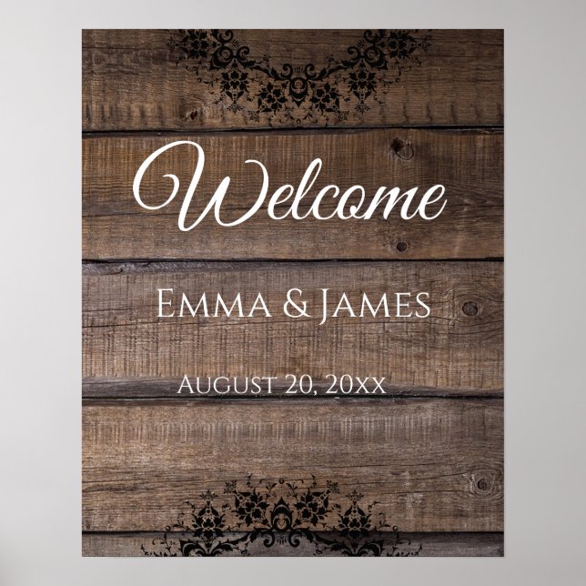 Rustic Wood Wedding Welcome Sign Name, Date Poster (Front)