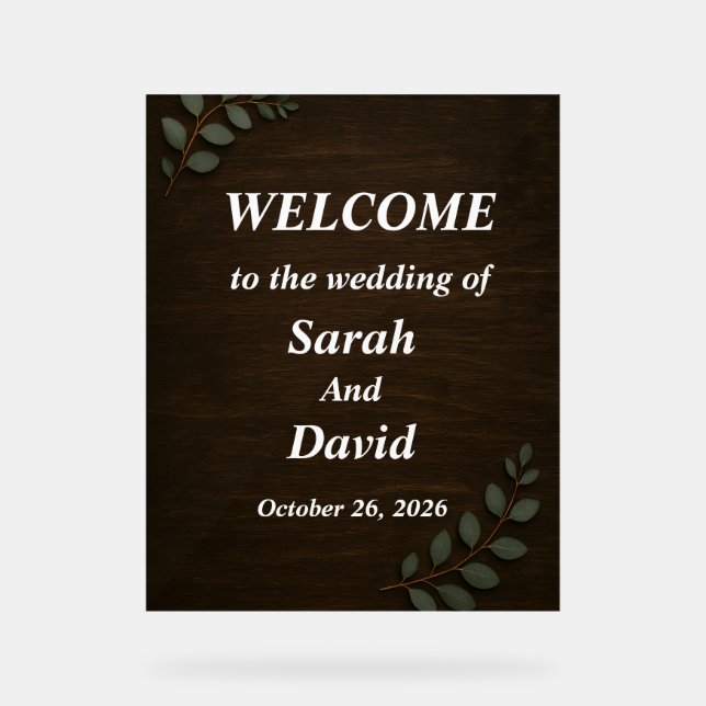 Rustic Wood Wedding Welcome Sign with Eucalyptus L (Front)