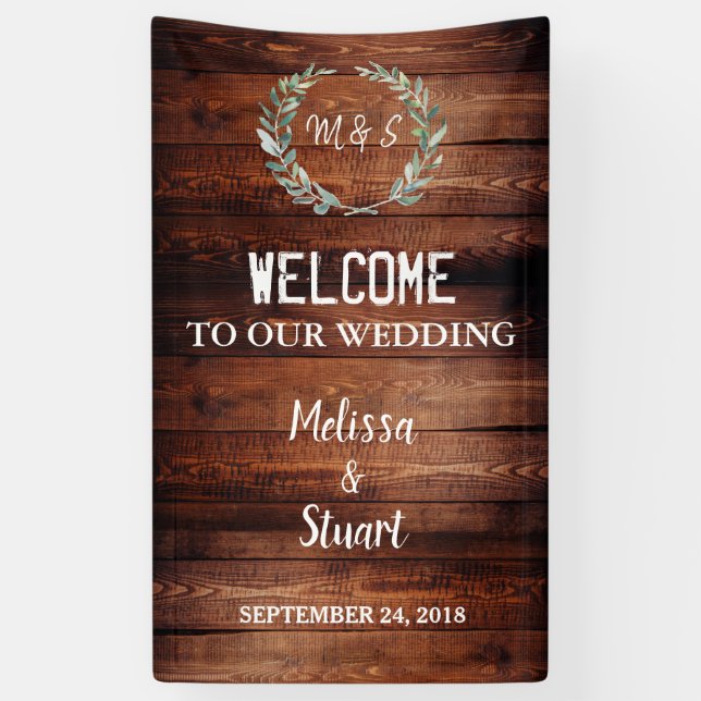 Rustic wood Welcome to our Wedding monogram Banner (Vertical)