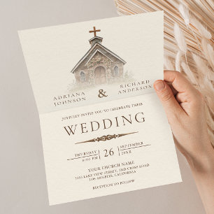 Rustic Wood Western Chapel All in One Wedding Invitation