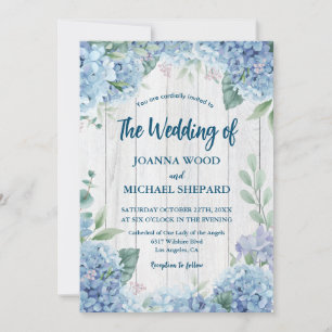 Rustic Wood White Blue Hydrangea Wedding Invitation