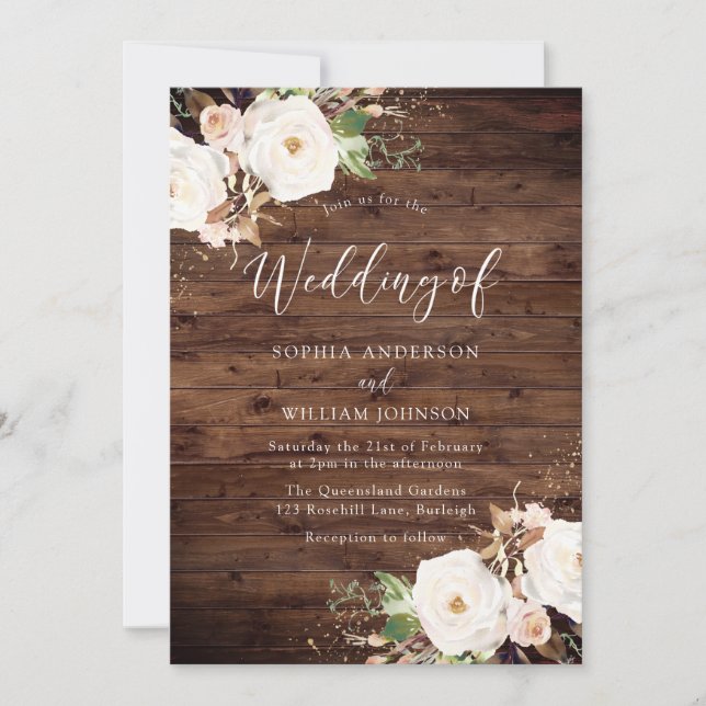 Rustic Wood White & Blush Floral Elegant Wedding Invitation (Front)