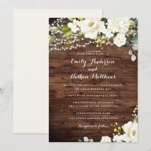 Rustic Wood White Champagne Floral Lights Wedding Invitation