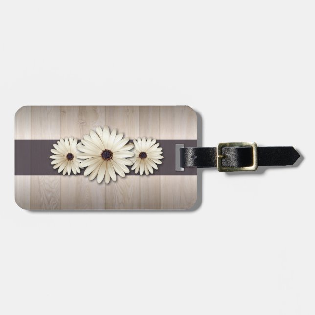 Rustic wood white daisy luggage tag (Front Horizontal)