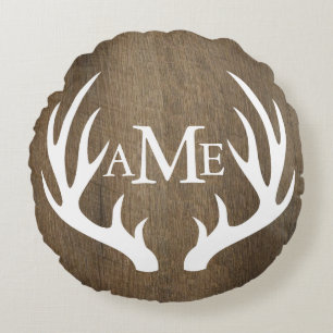 Rustic Wood White Deer Antlers Wedding Round Cushion