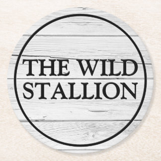 Rustic Wood White Faux Engraved Name Bar Round Paper Coaster