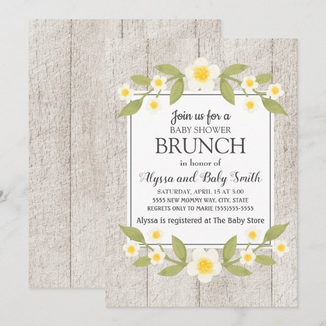 Rustic Wood White Floral Baby Shower Brunch Invitation (Front/Back)