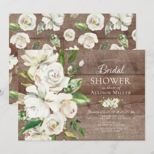 Rustic Wood White Floral Bridal Shower Invitations
