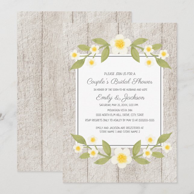 Rustic Wood White Floral Couple's Bridal Shower Invitation (Front/Back)