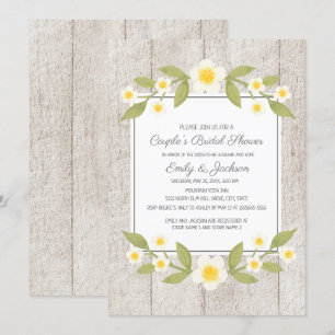 Rustic Wood White Floral Couple's Bridal Shower Invitation