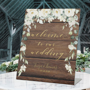 Rustic Wood White Floral Gold Fancy Calligraphy Pedestal Sign