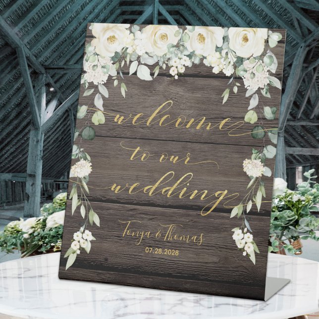 Rustic Wood White Floral Gold Fancy Calligraphy Pedestal Sign (Creator Uploaded)
