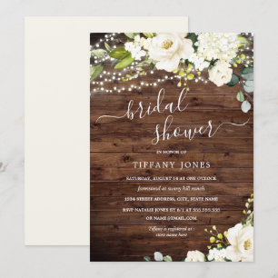 Rustic Wood White Floral Lights Bridal Shower Invitation