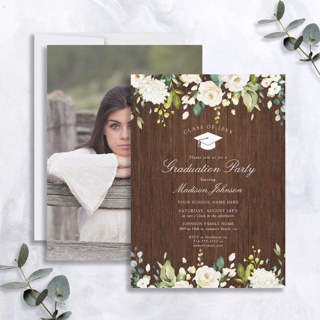 Rustic Wood White Floral Photo Graduation Party Invitation (Creator Uploaded)
