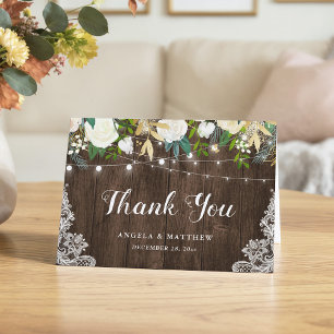 Rustic Wood White Floral String Lights Thank You