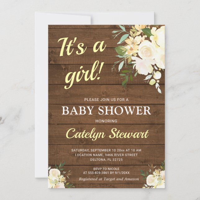 Rustic Wood White Floral Yellow Girl Baby Shower Invitation (Front)